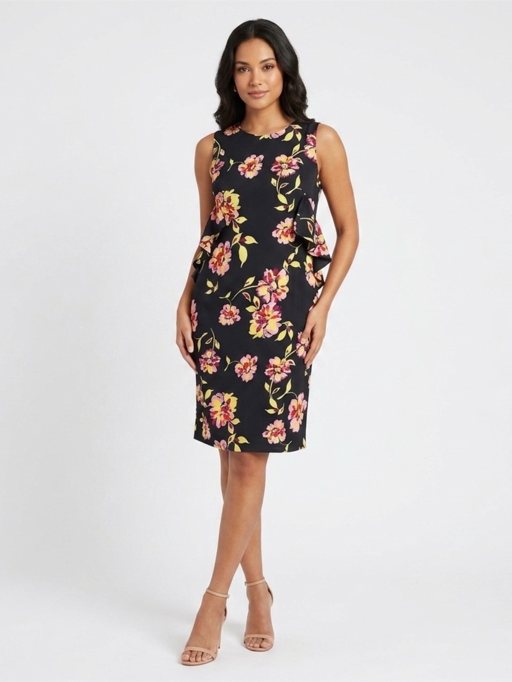 Who What Wear Black Midi Dress with Pink & Yellow Floral Print